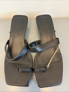 Nordstrom Black Square-Toe Slide Sandals with Gold Chain Accent